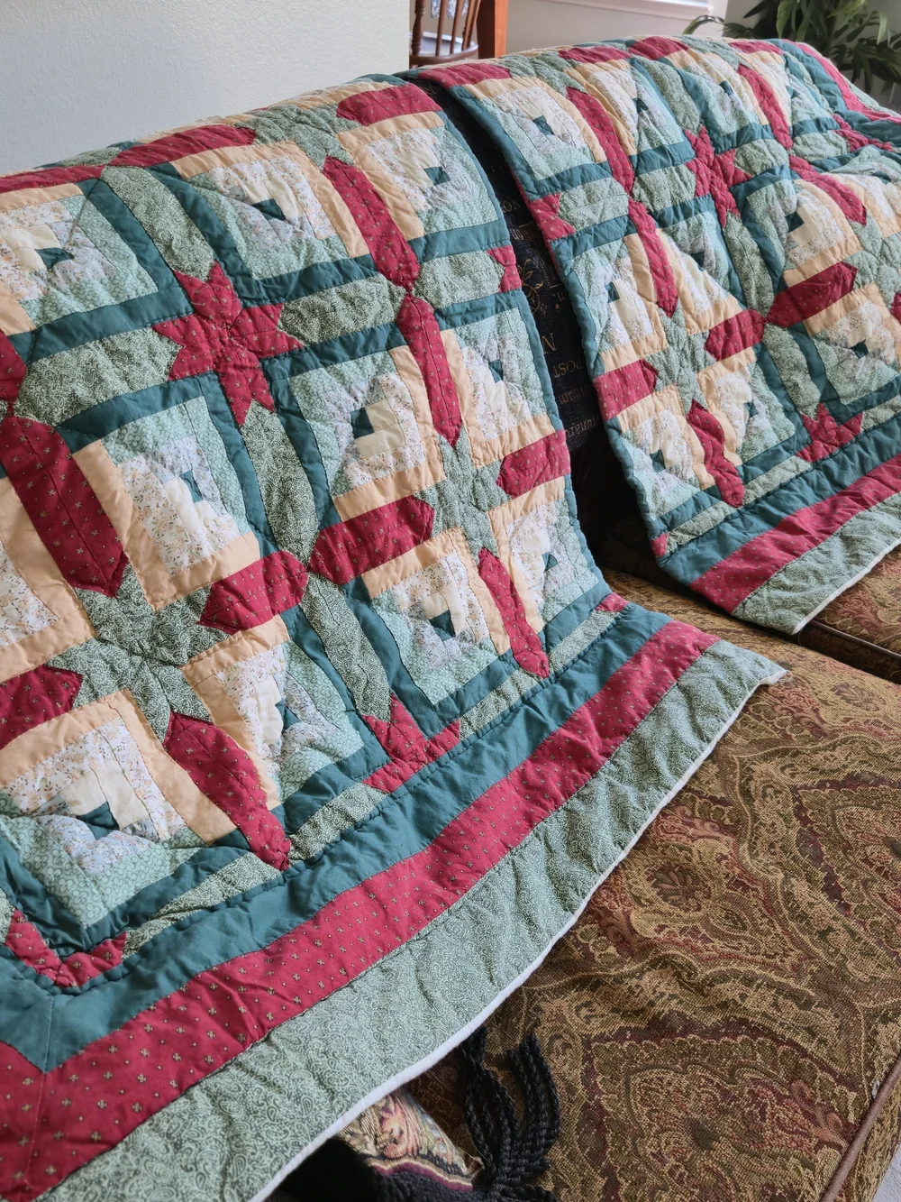 Vintage Quilted Christmas Curtain Panels Set 39x43 Patchwork Log Cabin Star Red